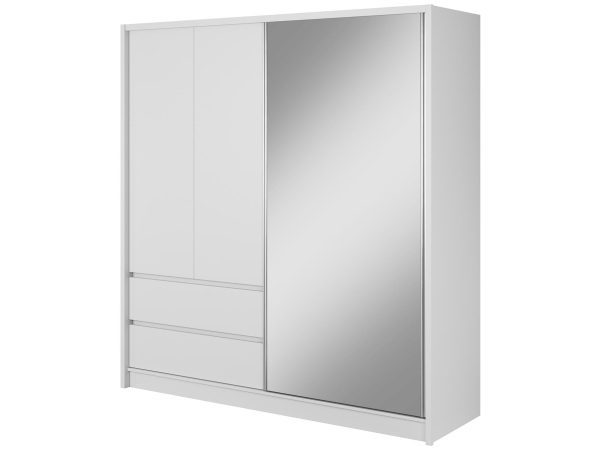 Szafa z białym i drewnianym frontem oraz dużym lustrem