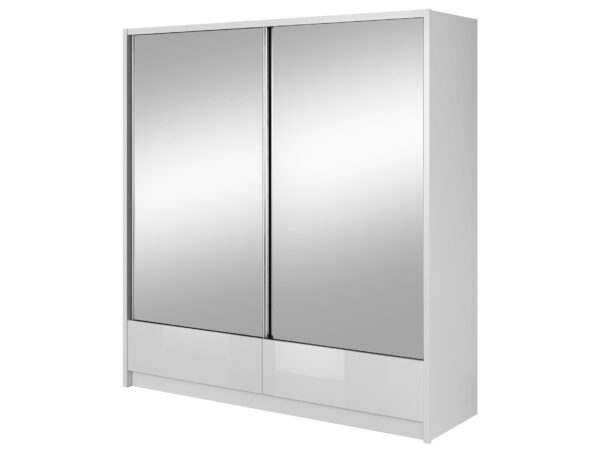 Szafa z białymi frontami i dużym lustrem pośrodku, minimalistyczna forma