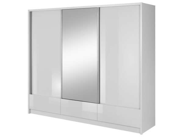 Szafa z białym korpusem i dużym lustrem na środku, nowoczesny styl
