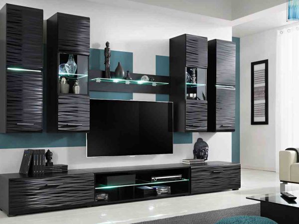 Zestaw mebli RTV z fakturą 3D i podświetleniem LED – nowoczesny salon