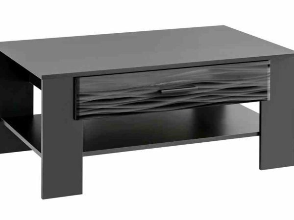 Czarna ława z ozdobnym frontem i półką – wzór strukturalny