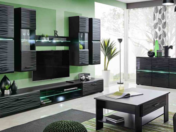 Aranżacja salonu z meblami w czerni i szkle – zestaw z TV