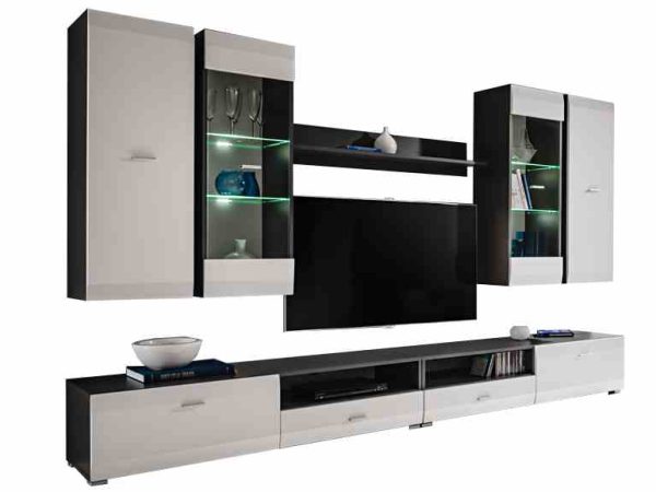 Jasno-szary zestaw RTV z czarnymi dodatkami – wizualizacja produktowa