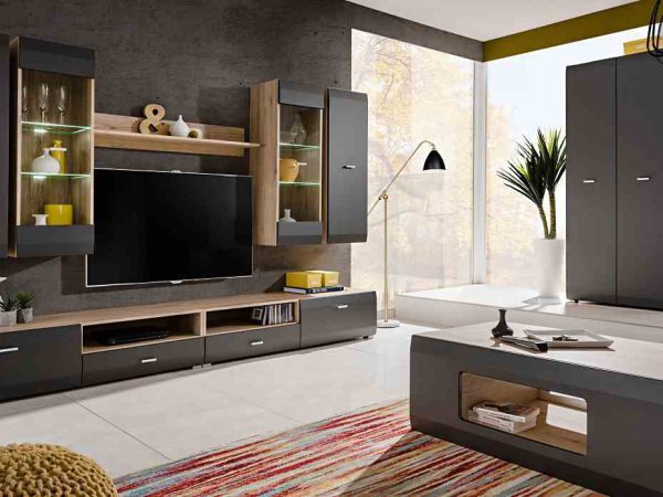 Komplet mebli RTV w kolorze dąb i grafit z LED – nowoczesna aranżacja