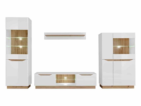 Aranżacja salonu z zestawem mebli RTV i witrynami LED