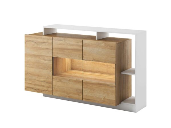 Komoda z trzema drzwiczkami i wnęką w kolorze dąb złoty i biały połysk