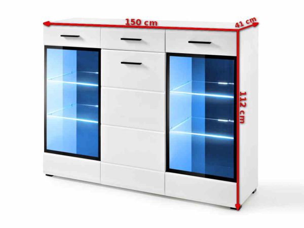 Komoda z przeszkloną witryną i LED – szerokość 150 cm