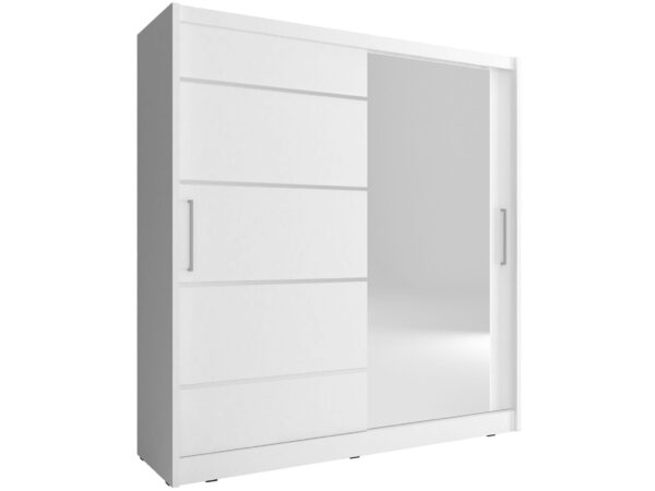 Biała szafa z geometrycznym frontem i przesuwnymi drzwiami