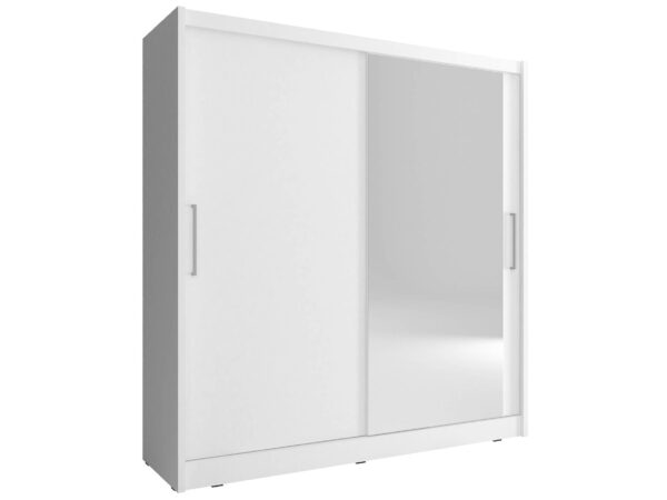 Biała szafa z przesuwnymi drzwiami i gładkim wykończeniem