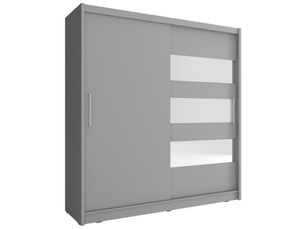 Szara szafa z trzema poziomymi pasami szkła i lustra