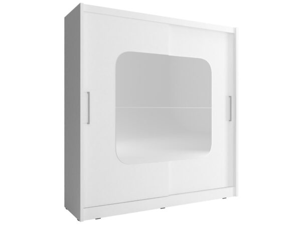 Biała szafa z obłym lustrem i symetrycznym frontem