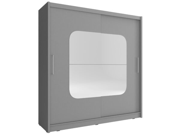 Szafa szara z owalnym lustrem i przesuwnymi drzwiami