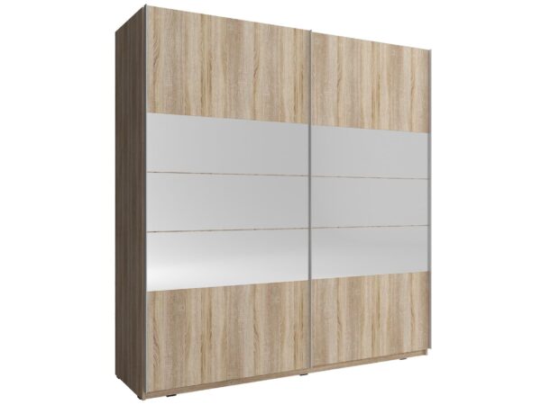 Szafa przesuwna z frontem biało-drewnianym i lustrzanym segmentem