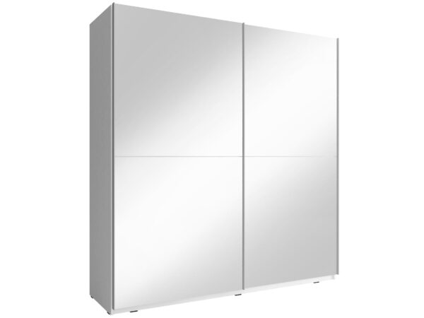 Szafa z białymi przesuwnymi drzwiami i czterema lustrzanymi segmentami