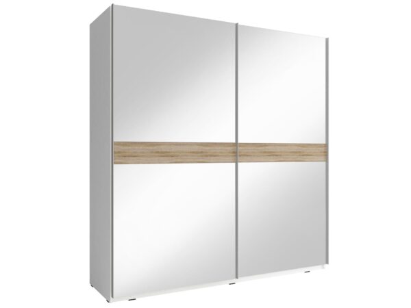 Szafa z białymi drzwiami przesuwnymi i poziomym pasem z drewna