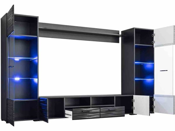 Czarno-szary zestaw RTV z dużym miejscem na telewizor i LED w witrynach