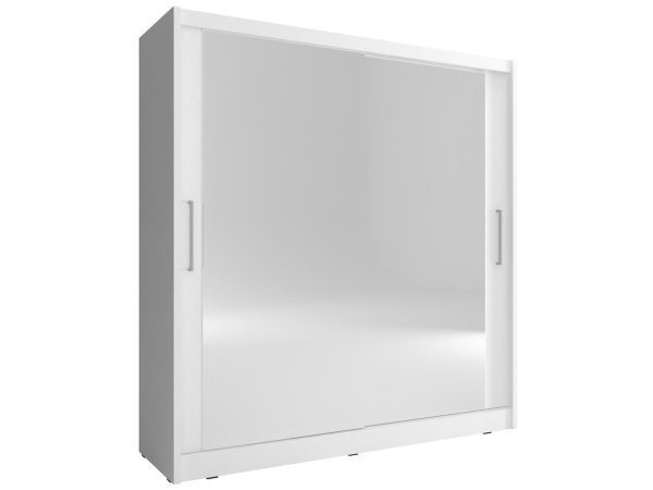 Biała szafa z dużym lustrem i przesuwnymi drzwiami w stylu minimalistycznym