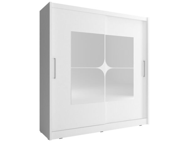 Biała szafa z lustrzanym frontem i dekoracyjnymi frezowaniami