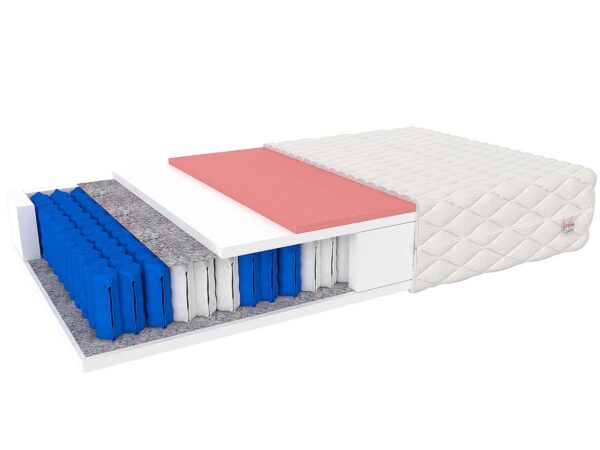 Materac z czerwono-białą pianką termoelastyczną i systemem multipocket