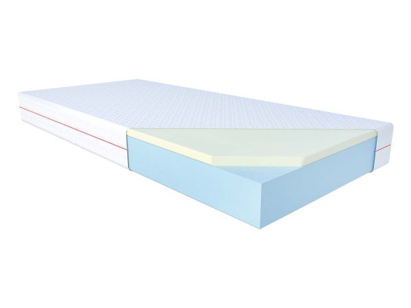 Materac z warstwą niebieskiej pianki i żółtej pianki termoelastycznej