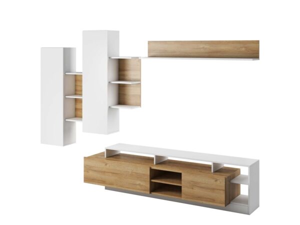 Zestaw mebli RTV z wiszącymi szafkami i regałem w dekorze dębu i bieli