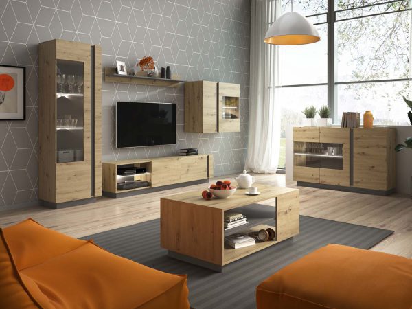 Zestaw mebli RTV w dekorze dąb artisan z witryną i stolikiem