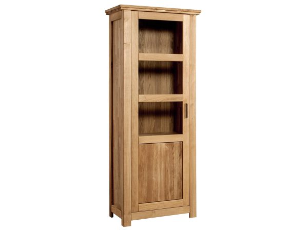 Wysoka witryna drewniana z przeszklonymi drzwiami i czterema półkami