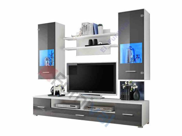 Zestaw mebli RTV w czerni i bieli z niebieskim oświetleniem LED