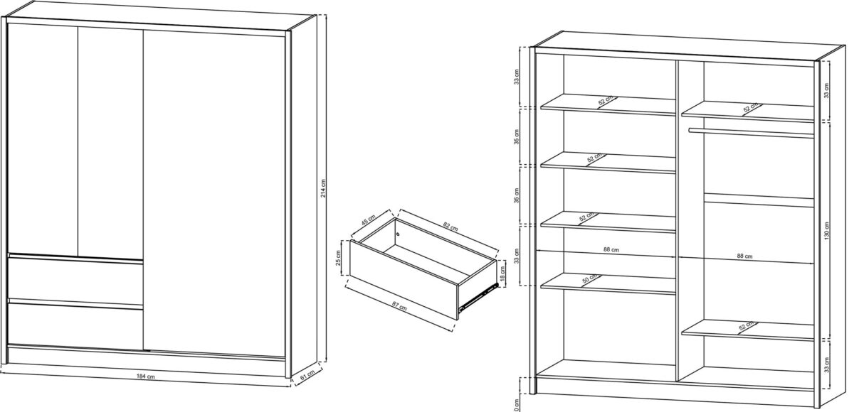 Rysunek techniczny szuflady z wymiarami do montażu w szafie