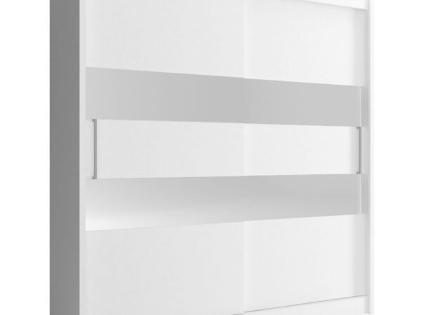 Biała nowoczesna szafa z geometrycznymi wstawkami i lustrem