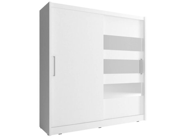 Biała szafa z trzema poziomymi lustrami w geometrycznym stylu