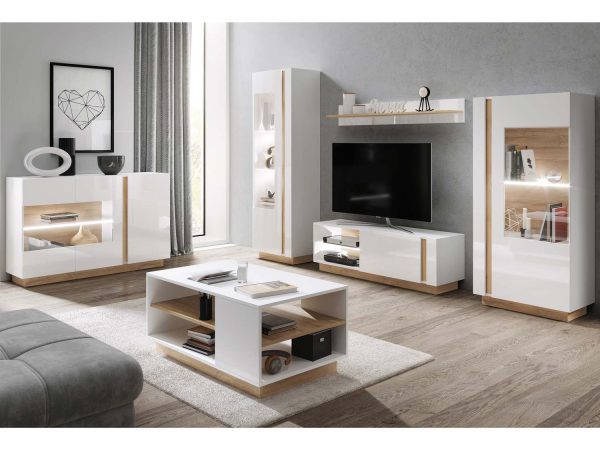 Zestaw mebli RTV w kolorze białym z dębowymi akcentami