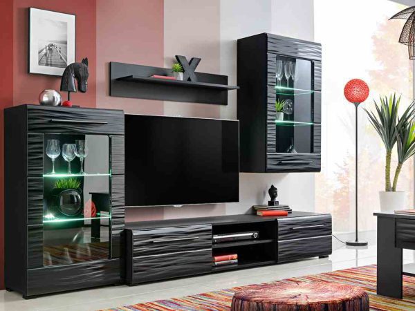 Czarny zestaw RTV z witrynami i podświetleniem LED