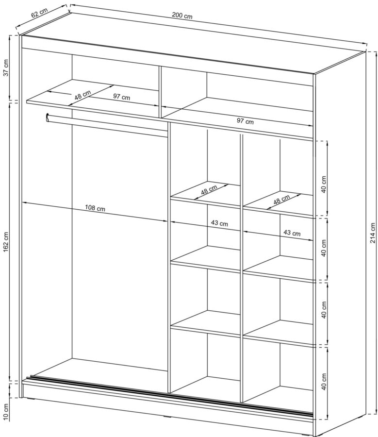 Rysunek techniczny wnętrza szafy z dużą liczbą przegródek