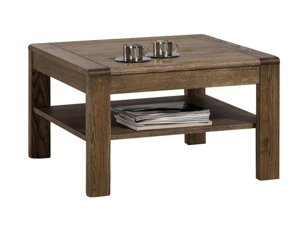 Niski stolik kawowy z półką, wykonany z ciemnego drewna dębowego