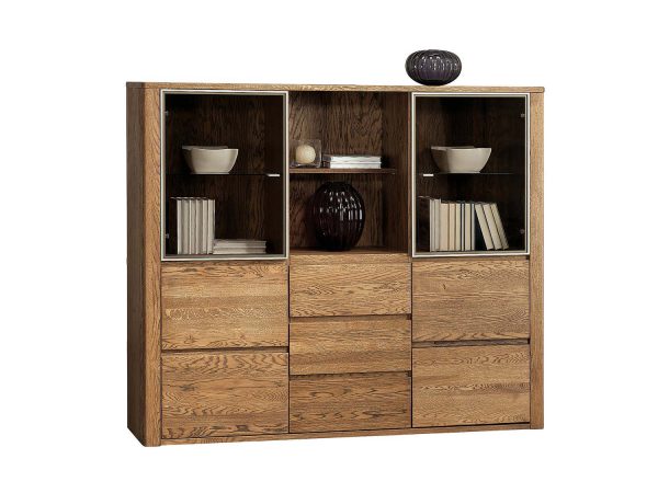 Biblioteczka z przeszkleniami, trzema szufladami i półkami z drewna