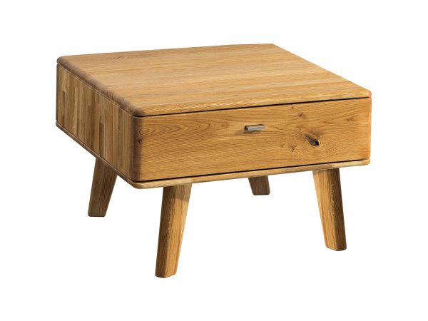 Kwadratowy stolik kawowy z szufladą i skośnymi nogami z drewna