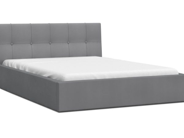 Jasnoszare łóżko z obiciem z tkaniny i zagłówkiem