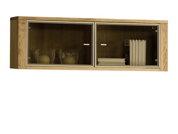 Przeszklona szafka wisząca z dębowym frontem i oświetleniem