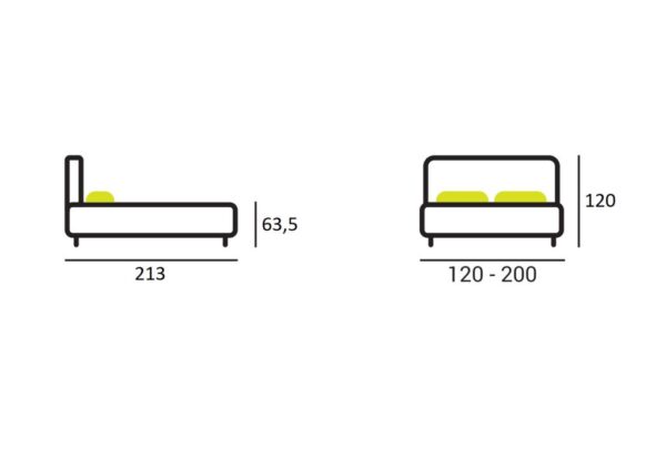 Widok boczny łóżka z wysokością 63,5 cm, zakres szerokości 120–200 cm