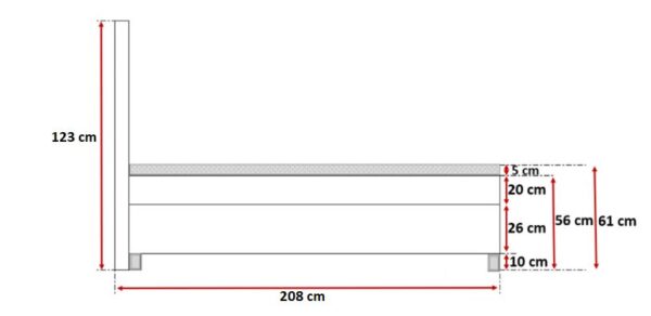 Widok boczny łóżka z wymiarami konstrukcji i materaca