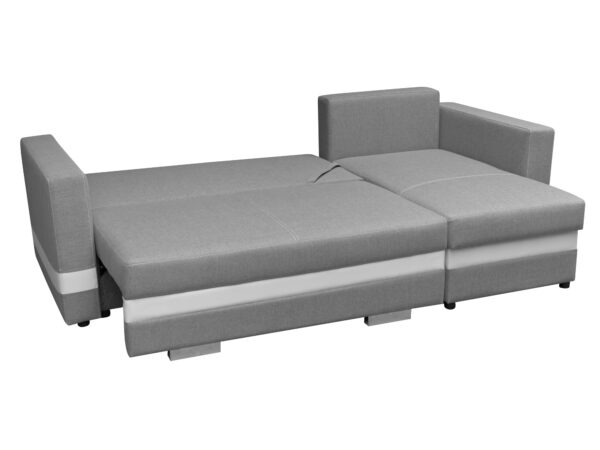 Narożnik z funkcją spania i otomaną w jasnoszarej tapicerce