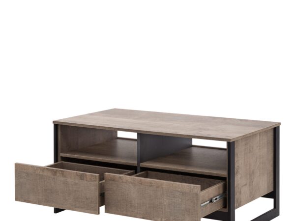 Stolik kawowy z szufladami i czarną metalową podstawą