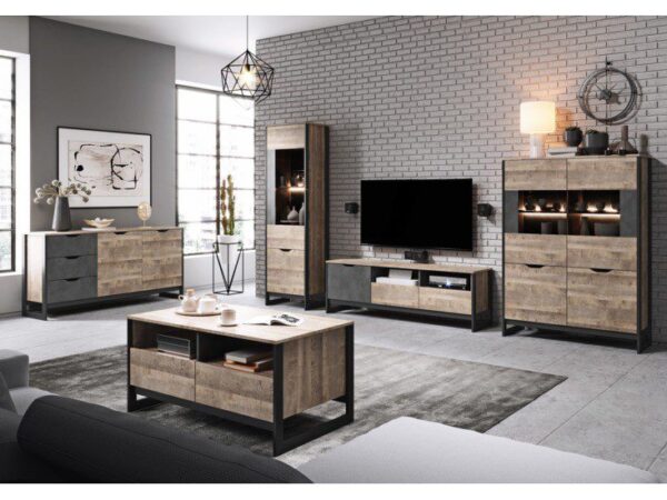 Salon z meblami loftowymi – stolik kawowy, szafka RTV i witryna