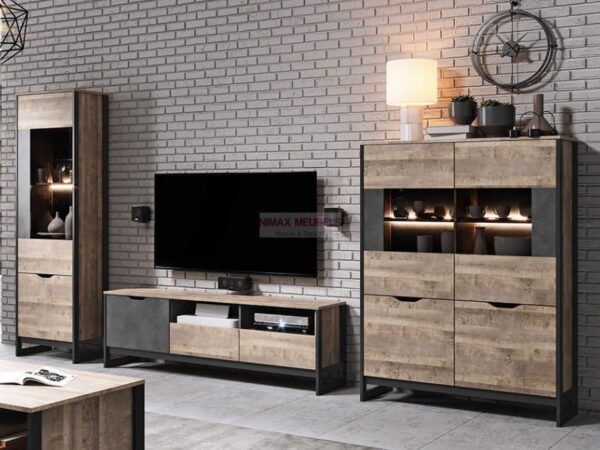 Meble loftowe do salonu z LED – komoda, stolik, witryna