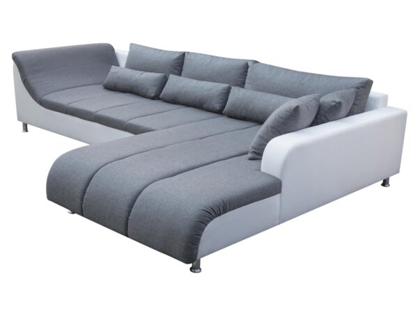 Narożnik rozkładany w kolorze szarym z poduszkami i szezlongiem