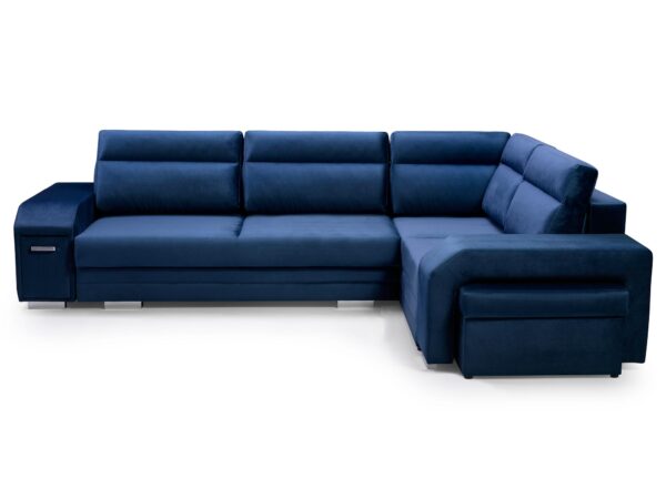 Duży narożnik granatowy z poduchami i siedziskiem o wysokim komforcie
