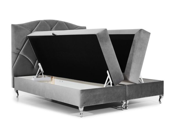 Szare łóżko z otwartym pojemnikiem, nowoczesny system przechowywania