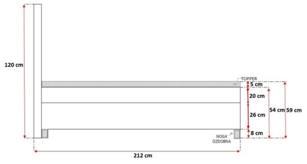 Rysunek łóżka z wysokością 212 cm, konstrukcja na nóżkach