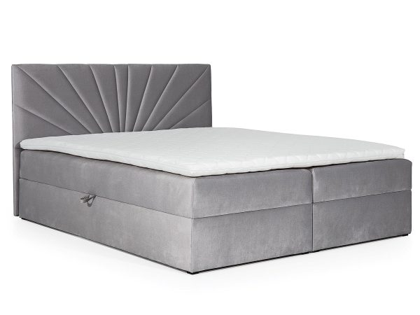 Jasnoszare łóżko kontynentalne z ozdobnym zagłówkiem i materacem